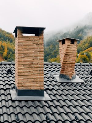 Brick chimneys on a dark tiled roof, with foggy autumn hills in the background on a cloudy day